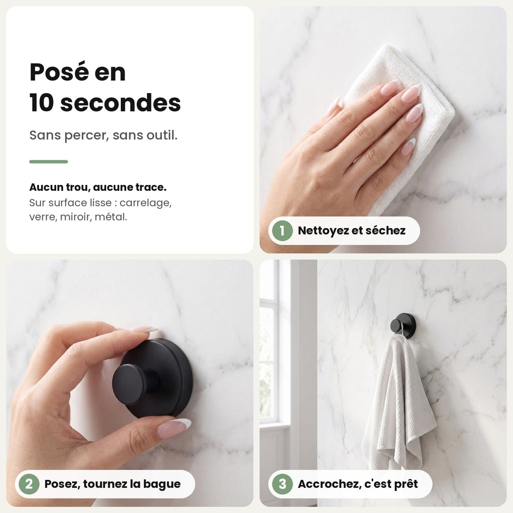 Pose du crochet Murovea en 3 étapes : nettoyer, poser et tourner la bague, accrocher