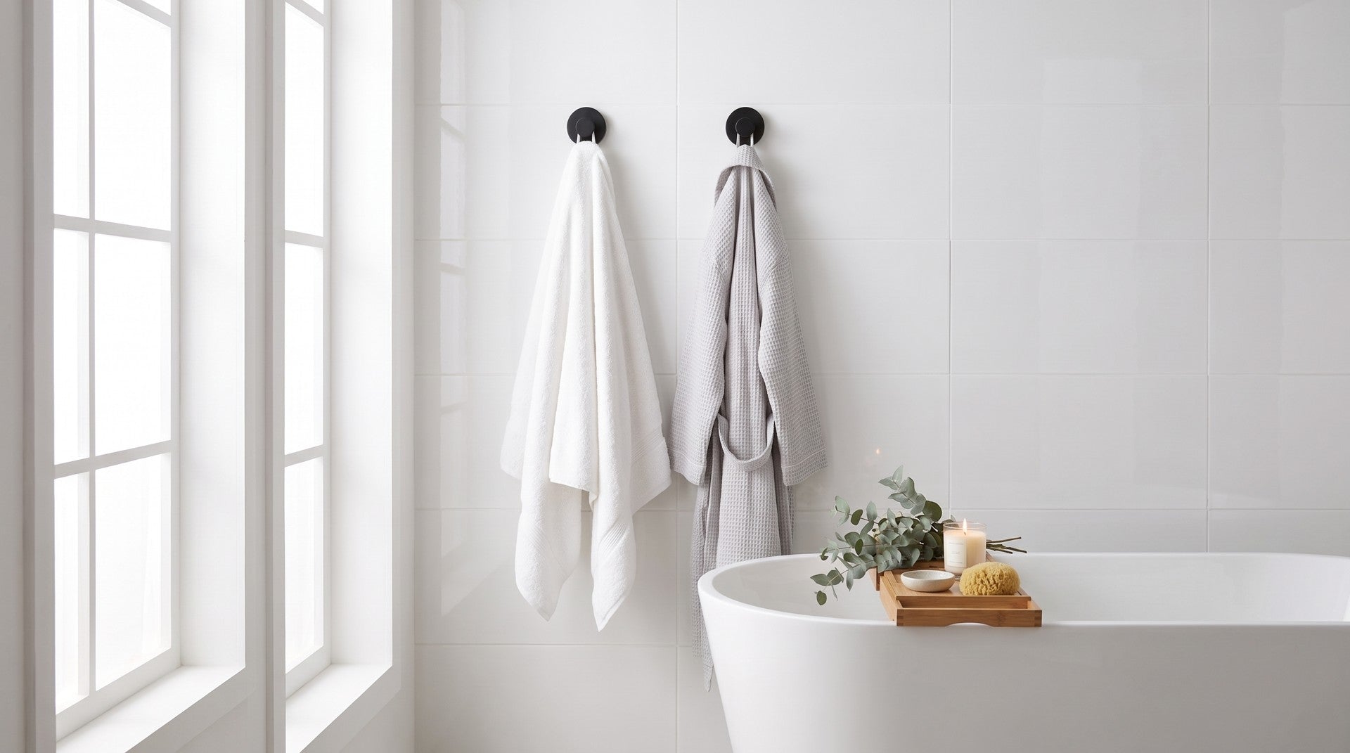 Deux crochets Murovea noir mat sur un grand carrelage blanc, serviette et peignoir