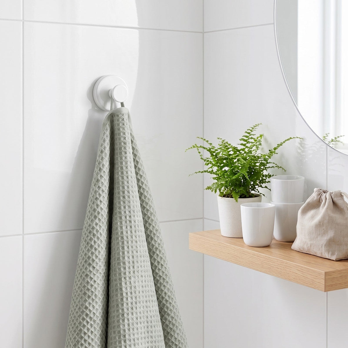 Crochet Murovea blanc dans une salle de bain claire, serviette gaufrée